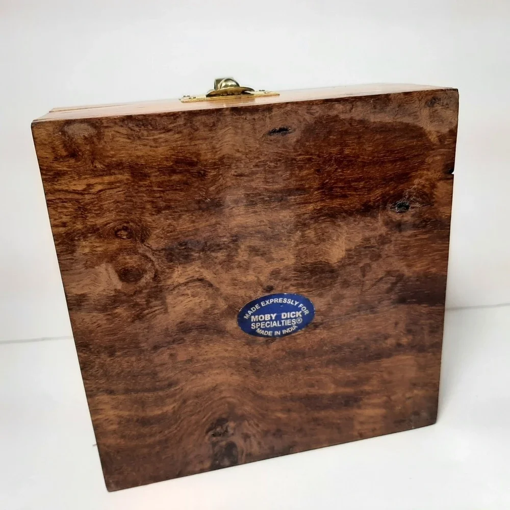 Nautical Wood Hinged Inlaid Brass Anchor Trinket Box Ocean Beach 4.75 x 4.75